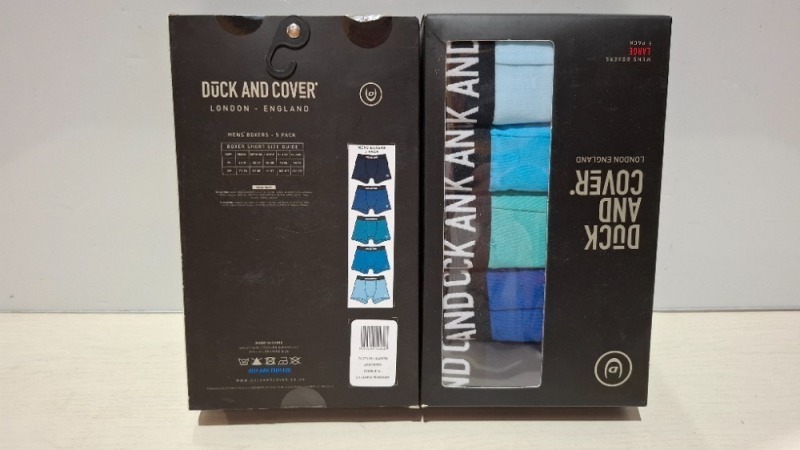 12 X BRAND NEW PACKS OF 5 DUCK AND COVER MENS BOXERS IN COLOURS, LIGHT BLUE, BLUE, GREEN AND NAVY BLUE IN SIZES, S, M, L, 2XL, (IN 1 TRAY - TRAY NOT INCLUDED)