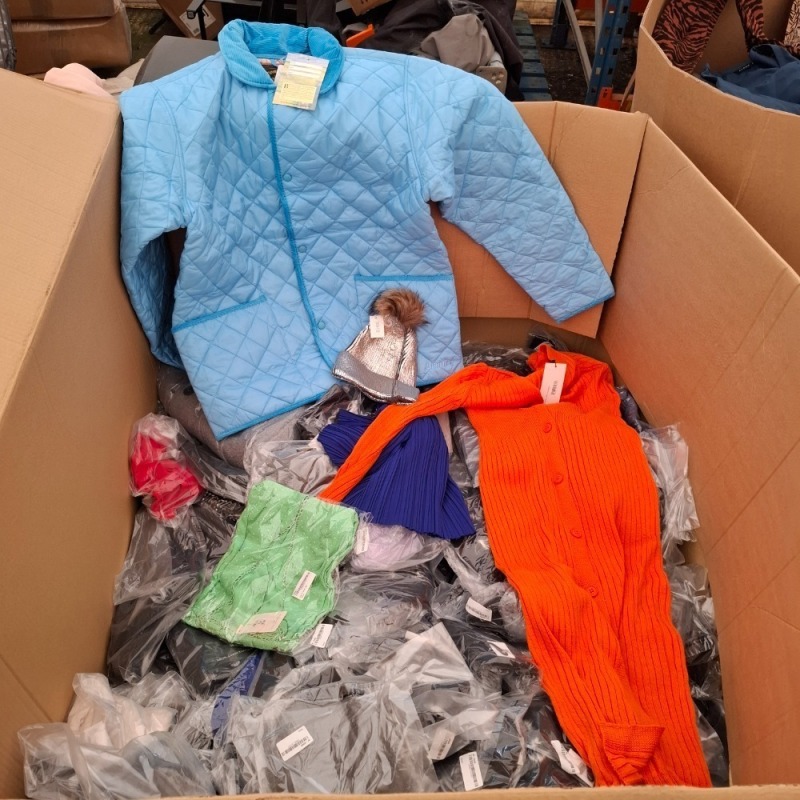 400+ PLUS BRAND NEW MIXED CLOTHING LOT CONTAINING CABA LONG DRESS IN ORANGE IN SIZE SMALL, BLUE HILLS LADIES SHORT DRESS IN BLUE SIZE SMALL/MEDIUM, BRONTE LADIES COAT IN BLUE IN SIZE MEDIUM, BEANIE HAT IN SILVER ETC IN ONE PALLET BOX