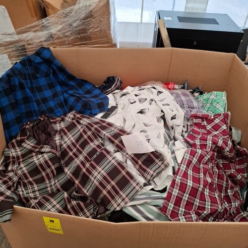 400 + BRAND NEW MIXED CLOTHING CONTAINING CRIMINAL DAMAGE RED SHIRT IN SIZE MEDIUM, LOCK STOCK LONDON BLAZER IN SIZE 40, CRIMINAL DAMAGE LONG SHIRT IN BLUE AND BLACK SIZE XXL, CRIMINAL DAMAGE BLACK AND WHITE SHIRT IN SIZE MEDIUM ETC IN ONE PALLET BOX
