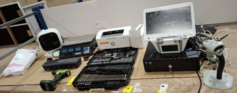 8 X PIECE MIX LOT CONTAINING GUILD 246PC DRILL BIT SET , 18V GUILD CORDLESS DRILL , HP PRINTER , DIMPLEX FAN , CASH REGISTER SET UP TOUCH SCREEN TILL AND SCANNER ETC ON A FULL BAY