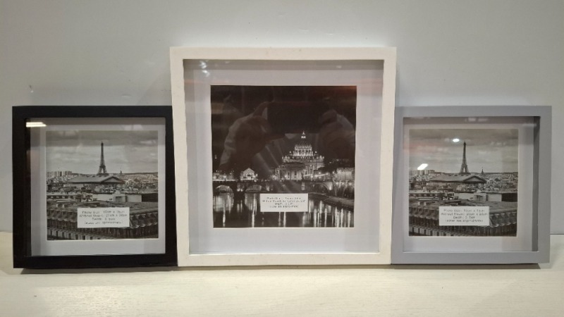 300 + BOX PICTURE FRAMES IN SIZE 15 X 15 CM AND 20 X 20 CM IN COLOURS GREY , WHITE , ON A FULL PALLET (NOTE AGED PRODUCT - BOXES HAVE MUSTY ODOUR - SEE IMAGE FOR REPRESENTATIVE SAMPLE )