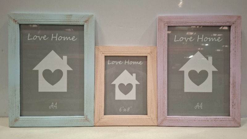 200 + WOODEN PHOTO FRAMES IN SIZES A4 AND 6 X 4 INCH IN VARIOUS COLOURS PINK , GREEN , IVORY , YELLOW ETC ON A FULL PALLET (NOTE AGED PRODUCT - BOXES HAVE MUSTY ODOUR - SEE IMAGE FOR REPRESENTATIVE SAMPLE )