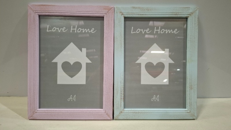 200 + WOODEN PHOTO FRAMES IN SIZE A4 AND 8 X 6 INCH IN VARIOUS COLOURS BLUE , PURPLE , IVORY , YELLOW ECT ON A FULL PALLET (NOTE AGED PRODUCT - BOXES HAVE MUSTY ODOUR - SEE IMAGE FOR REPRESENTATIVE SAMPLE )