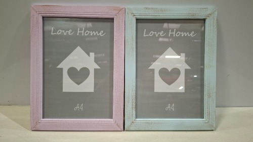 200 + WOODEN PHOTO FRAMES IN SIZE A4 AND 8 X 6 INCH IN VARIOUS COLOURS BLUE , PURPLE , IVORY , YELLOW ECT ON A FULL PALLET (NOTE AGED PRODUCT - BOXES HAVE MUSTY ODOUR - SEE IMAGE FOR REPRESENTATIVE SAMPLE )