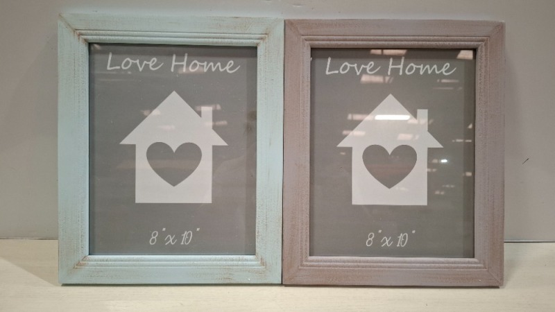 200 + WOODEN PHOTO FRAMES IN SIZE 10 X 8 INCH IN COLOURS GREEN , GREY , IVORY , BLUE , PURPLE IVORY ETC ON A FULL PALLET (NOTE AGED PRODUCT - BOXES HAVE MUSTY ODOUR - SEE IMAGE FOR REPRESENTATIVE SAMPLE )