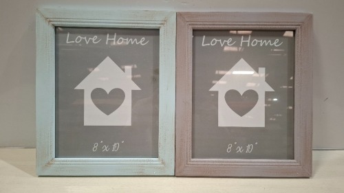 200 + WOODEN PHOTO FRAMES IN SIZE 10 X 8 INCH IN COLOURS GREEN , GREY , IVORY , BLUE , PURPLE IVORY ETC ON A FULL PALLET (NOTE AGED PRODUCT - BOXES HAVE MUSTY ODOUR - SEE IMAGE FOR REPRESENTATIVE SAMPLE )