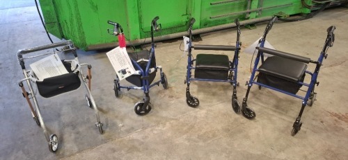 4 X BRAND NEW MIXED WHEELED WALKERS LOT CONTAINING 2 X AJUSTABLE HEIGHT 4 WHEELED WALKERS IN BLUE / BLACK , 1 X COMPACT ALUMINIUM TRI WHEEL IN BLUE / BLACK , 1 X LETS GO INDOOR ROLLATOR