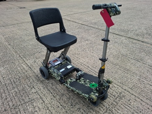 LUGGIE FOLDING MOBILITY SCOOTER IN ARMY PRINT NO CHARGER - TESTED WORKING WITH CHARGE REMAINING IN BATTERY CONDITION GOOD ( SEE ALL IMAGES FOR CONDITION )