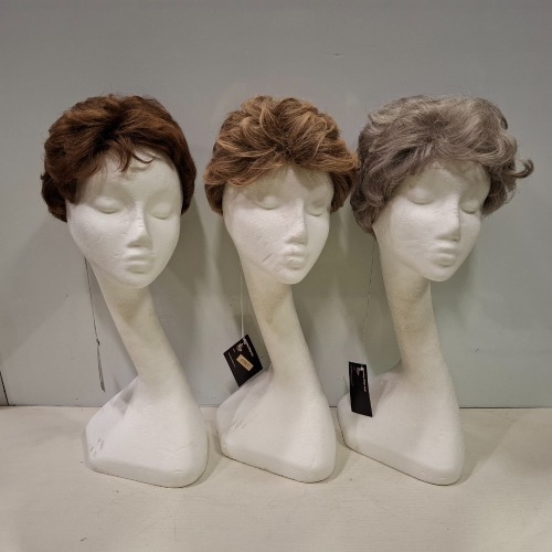 3 X BRAND NEW WIGS TO INCLUDE - 1 X SHORT & STRAIGHT BRUNETTE COLOURED (CODE 5, ITEM 574) 1 X SHORT & WAVY BLONDE COLOURED (CODE 5, ITEM 1165) 1 X SHORT & WAVY SILVER COLOURED (ITEM 211) - RRP &pound;185.00 PER WIG