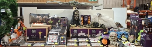 150 X PIECE BRAND NEW MIXED PREMIER HALLOWEEN DECORATIONS LOT TO INCLUDE BOXED TALKING CLOWNS - BOXED GROUND BREAKER ZOMBIES - BOXED HAUNTED LIGHT UP BODY - HANGING SCARY FLYING DRAGON - MAKE UP AND TATTOO KITS - CRAWLING ZOMBIE - HALLOWEEN GNOMES - SCARY