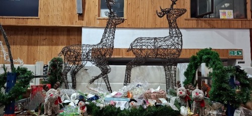 50 X MIXED CHRISTMAS LOT IN A FULL BAY CONTAINING, 2 X LARGE DEER IN BROWN, LIGHT UP PRESENT BOX, LIGHT UP CANDLE LIGHTS, VARIOUS TEDDIES, SNOWMEN, REINDEER, ETC, (PLEASE NOTE CUSTOMER RETURNS)