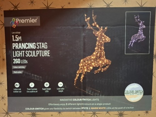 3 X CHRISTMAS LIGHTS LOT CONTAINING, 2 X PRANCING STAG LIGHT SCULPTURE 1.5M WITH 260 LEDS, 1 X GRAZING DOE & FAWN LIGHT SCULPTURE 1M AND 41CM, 250 LEDS (PLEASE NOTE CUSTOMER RETURNS) (IN 3 BOXES)