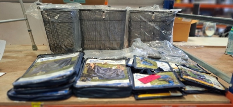 25 X PIECE BRAND NEW MOBILITY SCOOTER ACCESSORIES LOT CONTAINING SPLASH SCOOTER STORAGE COVERS IN SIZE SMALL AND EXTRA LARGE , SPLASH CONTROL PANEL COVERS IN SIZE SMALL , SCOOTER FRONT METAL BASKETS ETC ON HALF A BAY