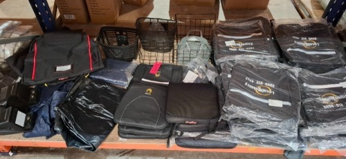 45 X PIECE MIXED LOT CONTAINING LUGGIE BACKPACKS IN BLACK , ATOM FOLD SCOOTER BACK CUSHION / STORAGE , FREERIDER SEAT CUSHIONS , VARIOUS MOBILITY SCOOTER BASKETS , ETC OVER A FULL BAY