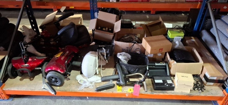 FULL BAY MIXED MOBILITY SCOOTER SPARE PARTS LOT CONTAINING PARTS OF FREERIDER LUGGIE VARIOUS ELECTRICAL COMPONENTS , VARIOUS SCOOTER CHARGER CABLES , SCOOTER ARMRESTS ETC