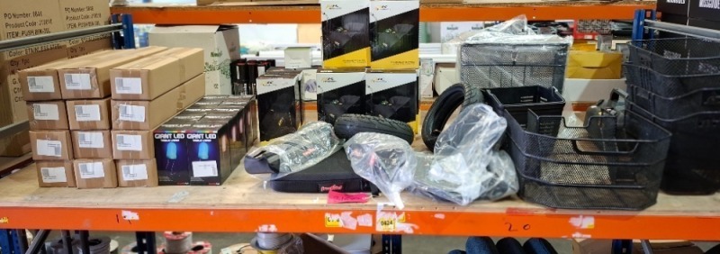 40 X BRAND NEW MIXED LOT CONTAINING POWAKADDY WINTER MITTS , POWAKADDY RAIN COVER , MOBILITY SCOOTER FRONT METAL BASKETS , MG2 ARMRESTS , GIANT LED TABLE LAMPS ETC OVER A FULL BAY
