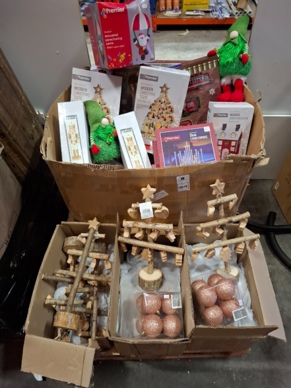 50 X MIXED CHRISTMAS LOTS TO INCLUDE WOODEN CHRISTMAS SCENE 36CM BATTERY OPERATED , MUSICAL ANIMATED PARACHUTING SANTA SANTA 45CM APPROX HEIGHT , 25CM CANDLE BRIDGE WARM WHITE LEDS ETC ON A PALLET (NOTE - CUSTOMER RETURNS)