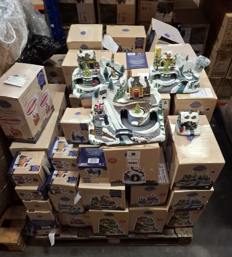 40 X LIT VILLAGE COLLECTION CONTAINING LED ANIMATED AIR SHIP 24CM , HOUSE WITH ROTATING TRAIN SCENE 17CM , LED SNOWY HOUSE 12CM , WINTER SCENE 24CM ETC ON A FULL PALLET (NOTE - CUSTOMER RETURNS)
