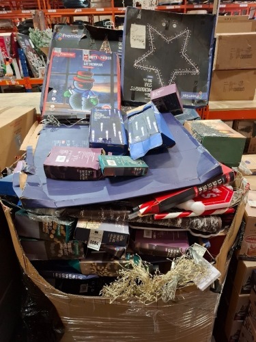 50 X MIXED CHRISTMAS LOT CONTAINING, INFINITY MIRROR 80CM LIT SNOWMAN MULTI-COLOURED LEDS, ULTRABRIGHTS DOUBLE STAR 140 LARGE LEDS WARM WHITE, 1.1M SANTA STOP SIGN 30 LEDS MULTI COLOURED, ETC, (PLEASE NOTE CUSTOMER RETURNS) (ON ONE PALLET)