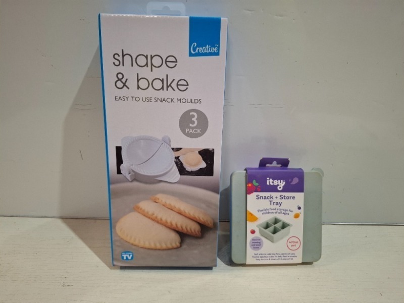 84 X BRAND NEW MIXED LOT CONTAINING 60 ITSYI SNACK + STORE TRAY AND 24 X SHAPE & BAKE EASY TO USE SNACK MOULDS IN TWO BOXES