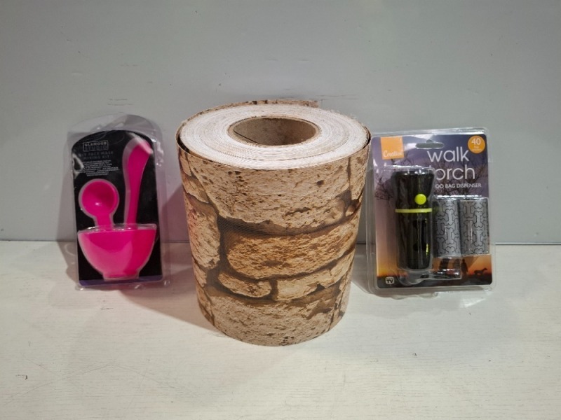 128 X BRAND NEW MIXED LOT CONTAINING 72 GLAMOUR STUDIO DIY FACE MASK MIXING KITS , 8 X AMAZON BASICS PRIVACY TAPE ROLLS IN ROUGH STONE , 48 X CREATIVE WALK TORCH & POO BAG DISPENSER SETS.
