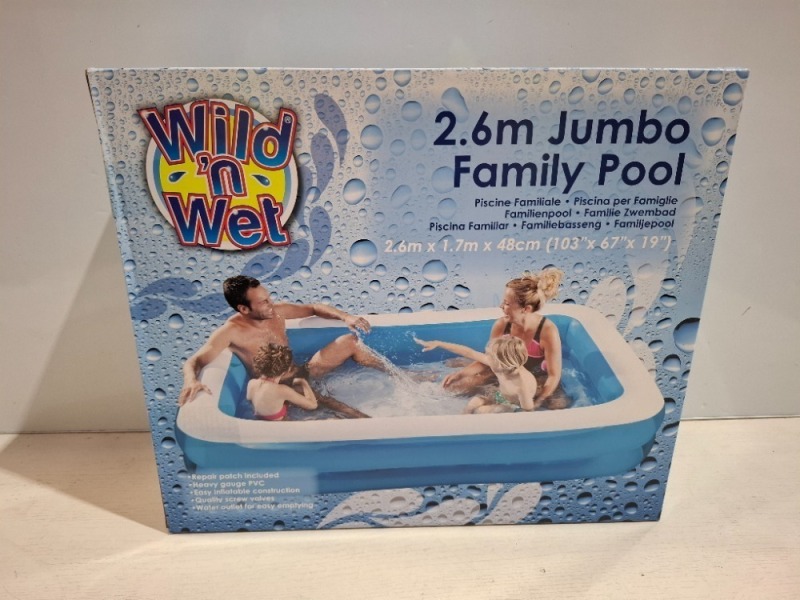 8 X BRAND NEW WILD AND WET 2.6 JUMBO FAMILY POOL IN SIZE 103 X 67 X 19 INCH IN TWO BOXES