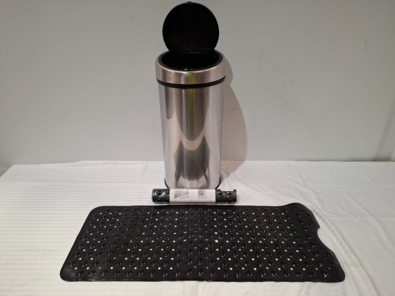 32 X MIXED LOT CONTAINING 7X STAINLESS STEEL PUSH BINS 30L AND 25 X BRAND NEW KARIDS ANTISLIP MATS IN BLACK