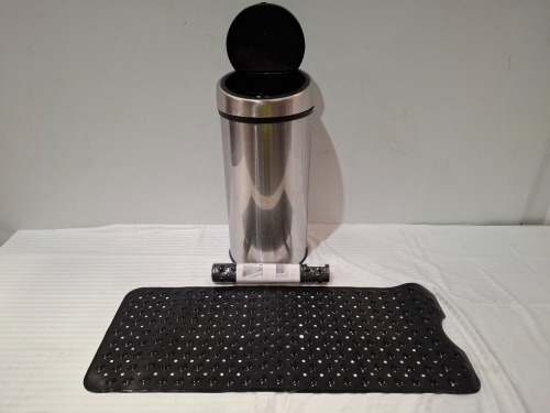 32 X MIXED LOT CONTAINING 7X STAINLESS STEEL PUSH BINS 30L AND 25 X BRAND NEW KARIDS ANTISLIP MATS IN BLACK