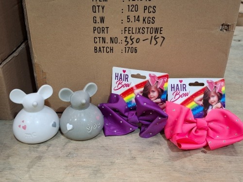207 X BRAND NEW MIXED LOT CONTAINING 120 X KIDS HAIR BOWS , 72 X GARDEN WINDMILL STAKES , 15 X MICE ORAMENT SETS