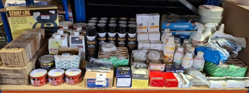 50+ PIECE BRAND NEW MIXED LOT TO INCLUDE SILVER LINE 12V DRILL DRIVER - BOND IT LEAK DETECTOR - RED PAINT - STRAIT LINE LASER LINE SYSTEM - POLISH REMOVER - CABLE CLIPS - DRY WALL SCRIM - ETC