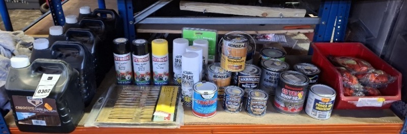 30+ PIECE BRAND NEW MIXED LOT TO INCLUDE HAMMERITE METAL PAINT - RONSEAL WOODSTAIN - PRIMER AND UNDERCOAT - DULUX PAINT - VARIOUS SPRAY PAINTS - SOLID BRASS VENTS - CREOCOTE DARK BROWN - SAFETY GLOVES ETC