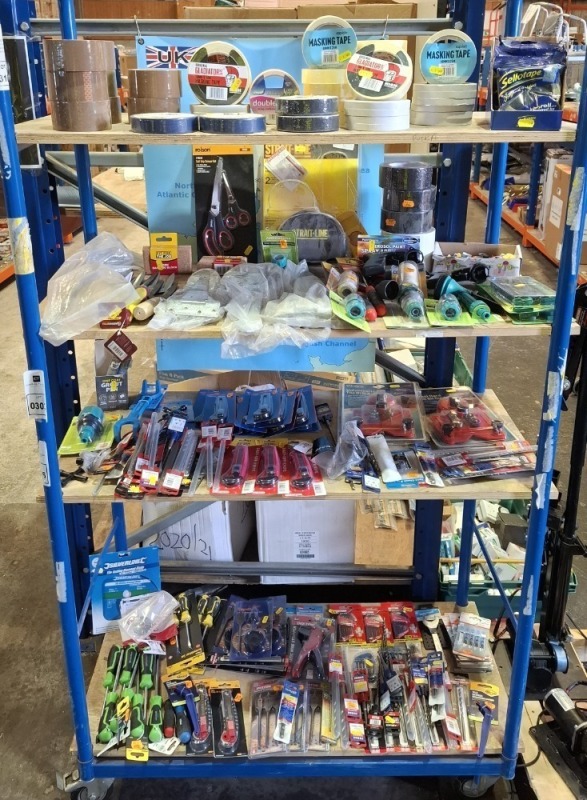 100+ PIECE BRAND NEW MIXED LOT TO INCLUDE MASKING TAPE - CELO TAPE - ROLSON SCISSOR SET - SNAP-OFF-KNIFES - DRILL BITS IN VARIOUS SIZES - ROLSON SCREWDRIVERS - ALAN KEY SETS - TILE SCORER - SILVERLINE CUTTING BLADE - UNIVERSAL HARD TILE DRILL BIUT GUIDES 
