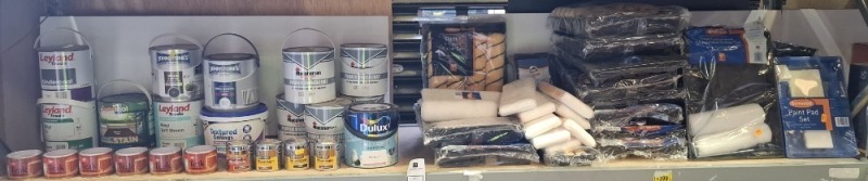 50+ PIECE BRAND NEW MIXED LOT TO INCLUDE DULUX MISTY MIRROR PAINT - RONSESA WOODSTAIN IN DEEP MAHOGANY - WALNUT - MAHOGANY - JOHNSTONES WOOD AND METAL PAINT - JOHNSTONES WOOD AND METAL UNDERCOAT - MACPHERSON PRIMER UNDERCOAT - TEAK VARNISH - 6 SLEEVE ROLL