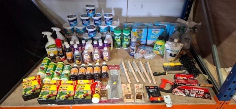 50 + PIECE BRAND NEW MIXED LOT TO INCLUDE BARTOLINE WALL TILE GROUT - SLUG AND SNAIL KILLER - WEED KILLER - HAMMERITE METAL PAINT - MOUSE TRAPS - MOUSE AND RAT KILLER - DEKTON TENON SAW - WIRE BRUSHES - COPING SAW - BOILDED OIL ETC