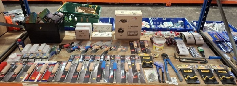 40 + PIECE BRAND NEW MIXED LOT TO INCLUDE SILVERLINE SANDING BELTS - BOLT CUTTERS - DEWALT TOOL HOLDERS - RST FLOORING TROWELS - RST NOTCHED TROWELS - RST BRICK TROWELS - VARIOUS LIGHT BULBS - 12INCH PORTABLE FAN - PAINT ROLLERS - ETC