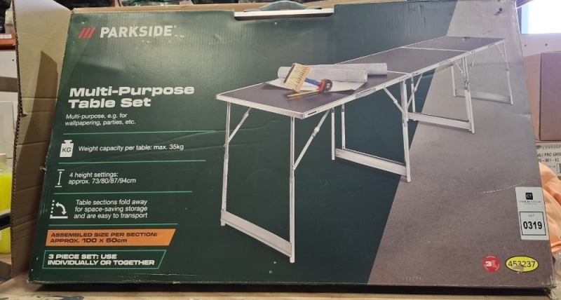 1 X BRAND NEW PARKSIDE MULTI-PURPOSE TABLE SET ASSEMBLED SIZE PER SECTION - 100X60CM - 4 HEIGHT SETTINGS - 73/80/87/94CM - 35KG MAX CAPACITY PER TABLE