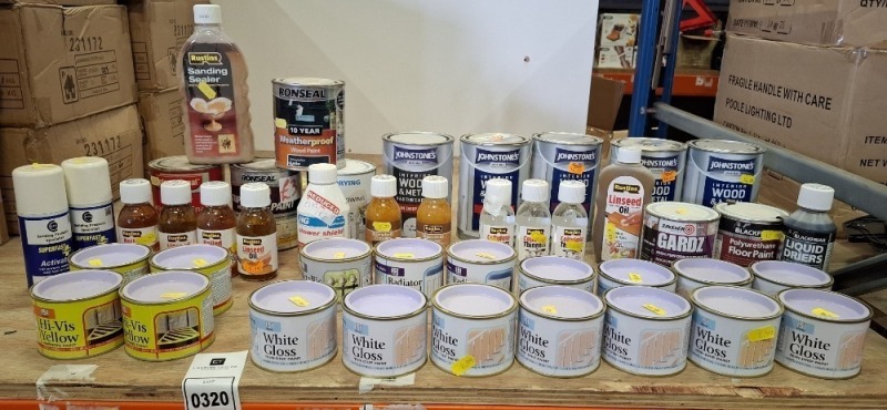 40 + PIECE BRAND NEW MIXED LOT TO INCLUDE HI VIS YELLOW WARNING PAINT - WHITE GLOSS NON DRIP PAINT - RONSEAL WEATHER PROOF WOOD PAINT - JOHNSTONES GLOSS - JOHNSTONES SATIN PAINT - POLYUERETHANE FLOOR PAINT - - SAND SEALER - LINSEED OIL ETC