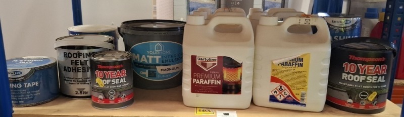 13 X PIECE MIXED PAINT LOT TO INCLUDE MATT EMULSION BLACK PAINT - 10 YEAR ROOF SEAL IN BLACK AND GREY - ROOFING FELT ADHESIVE - YOUR HOME MATT MAGNOLIA EMULSION - PREMIUM PARAFFIN ETC