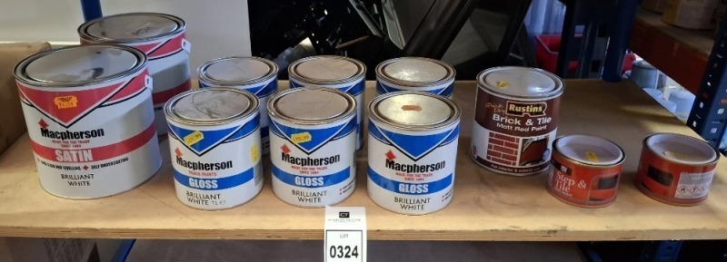 11 X PIECE BRAND NEW MIXED PAINT LOT TO INCLUDE MACPHERSON SATIN BRILLIANT WHITE PAINT - MACPHERSON GLOSS BRILLIANT WHITE PAINT - RUSTINS BRICK AND TILE MATT RED PAINT - STEP AND TILE RED PAINT