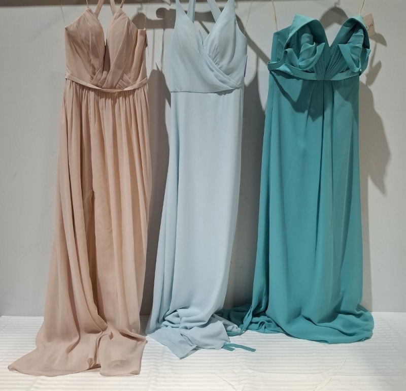 10 X BRAND NEW LINZI JAY BRIDESMAID COLLECTION DRESSES LOT CONTAINING, CHIFFON DRESS IN GREY AND WHITE IN SIZE 10 CODE - 2291, CHIFFON DRESS IN CORAL IN SIZE 10 CODE - EN7359, ZIPPED DRESS IN SKY BLUE IN SIZE 6-20 CODE - NB111