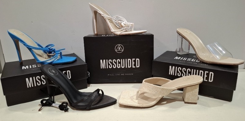 30 X BRAND NEW MISSGUIDED SHOE LOT CONTAINING, STRAPPY RING DETAIL HEELED SANDAL IN WHITE, NATURAL FLIP FLOP MULE HEELED SANDAL IN BEIGE, WF SATIN POINTED LACE UP BARELY THERE IN BLACK ALL IN SIZE 8