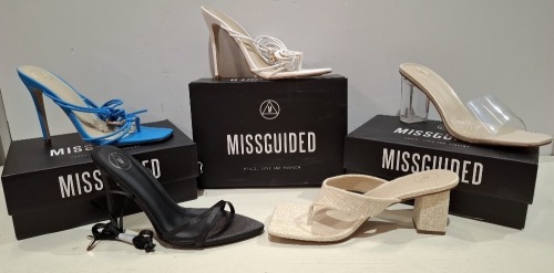 30 X BRAND NEW MISSGUIDED SHOE LOT CONTAINING, STRAPPY RING DETAIL HEELED SANDAL IN WHITE, NATURAL FLIP FLOP MULE HEELED SANDAL IN BEIGE, WF SATIN POINTED LACE UP BARELY THERE IN BLACK ALL IN SIZE 8