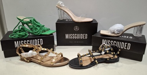 30 X BRAND NEW MISSGUIDED SHOE LOT CONTAINING, MID CLEAR HEEL BLOCK HEEL IN NUDE, PERSPEX BLOCK HEEL MULE SANDAL IN SAND, DOME STUD GLADIATOR SANDAL IN ROSE GOLD ALL IN SIZE 6