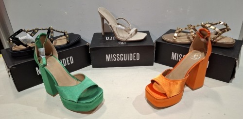 30 X BRAND NEW MISSGUIDED SHOE LOT CONTAINING, DOME STUD GLADIATOR SANDAL IN ROSE GOLD, EXTREME SATIN HEELED SANDAL IN ORANGE, WF BARELY THERE SQUARE TOE HIGH HEELS IN NUDE ALL IN SIZE 6