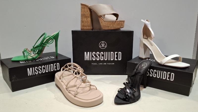 30 X BRAND NEW MISSGUIDED SHOE LOT CONTAINING, WF SATIN POINTED LACE UP BARELY THERE HEEL IN BLACK, NATURAL FLIP FLOP MULE HEELED SANDAL IN BEIGE, VELCRO STRAP GRANDAD SANDAL IN BLACK ALL IN SIZE 6