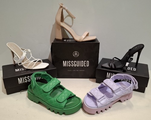 30 X BRAND NEW MISSGUIDED SHOE LOT CONTAINING, ASYM STRAPPY HIGH HEEL SANDALS IN WHITE, MID ILLUSION HEEL CLEAR SANDALS IN CLEAR, WF HIGH HEEL BLOCK BARELY THERE SANDALS IN SAND ALL IN SIZE 7