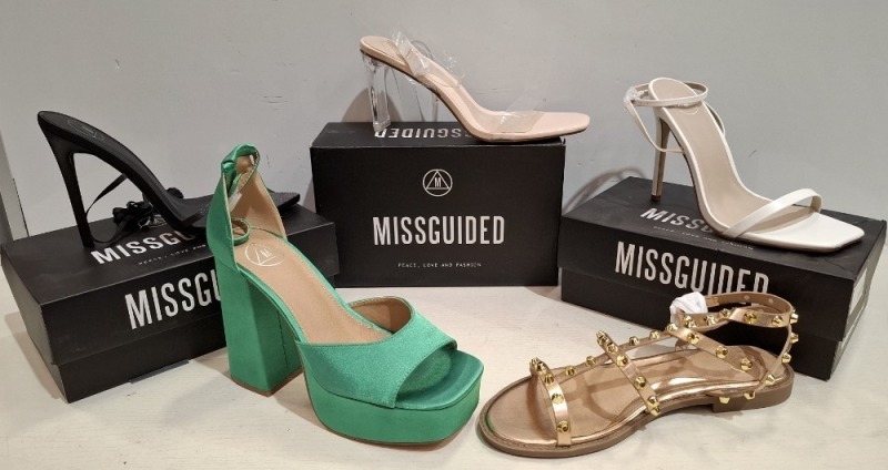 30 X BRAND NEW MISSGUIDED SHOE LOT CONTAINING, MID ILLUSION HEEL CLEAR SANDALS IN CLEAR, WF HIGH HEEL BLOCK BARELY THERE SANDALS IN SAND, EXTREME PLATFORM SATIN HEELED SANDALS IN DK GREEN ALL IN SIZE 7