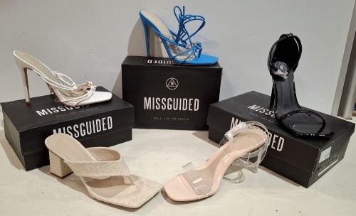 30 X BRAND NEW MISSGUIDED SHOE LOT CONTAINING, STRAPPY RING DETAIL HEELED SANDAL IN WHITE, MID ILLUSION HEEL SANDALS IN CLEAR, NATURAL FLIP FLOP MULE HEELED SANDAL IN BEIGE ALL IN SIZE 7
