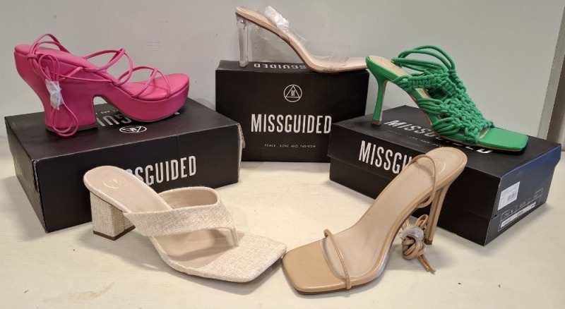 30 X BRAND NEW MISSGUIDED SHOE LOT CONTAINING, CROCHET TIE UP HEEL SANDAL IN GREEN, FAUX LEATHER PLATFORM STRAPPY SANDAL IN PINK, MID HEEL BARELY THERE FAUX LEATHER IN BLACK ALL IN SIZE 8