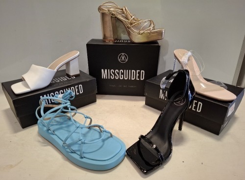 30 X BRAND NEW MISSGUIDED SHOE LOT CONTAINING, CLEAR PLATFORM STILETTO HEELED SANDAL IN CLEAR, EXTREME PLATFORM SATIN HEELED SHOE IN COLOURS, PINK, HOT PINK AND BLACK ALL IN SIZE 7
